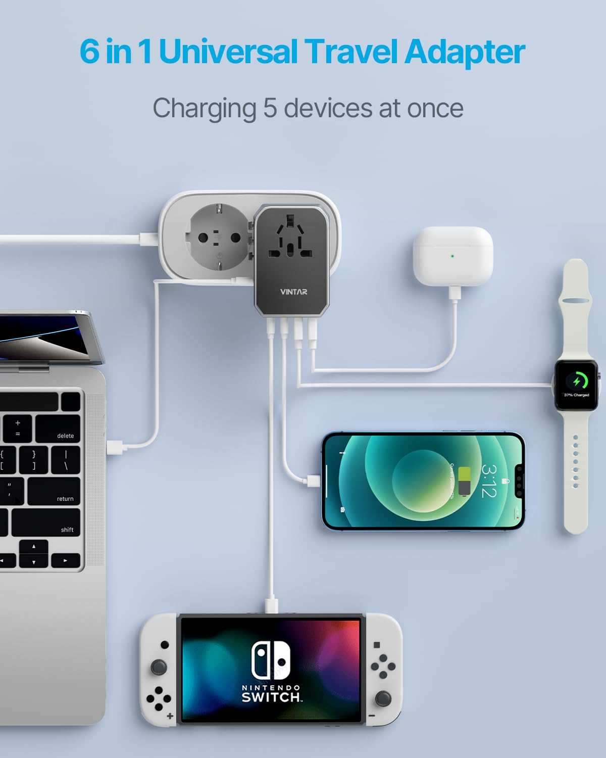 Universal Travel Adapter, Vintar 70W Gan International Power Adapter With 5 Usb Ports (3 Usb-C), Worldwide Travel Plug Adaptor,