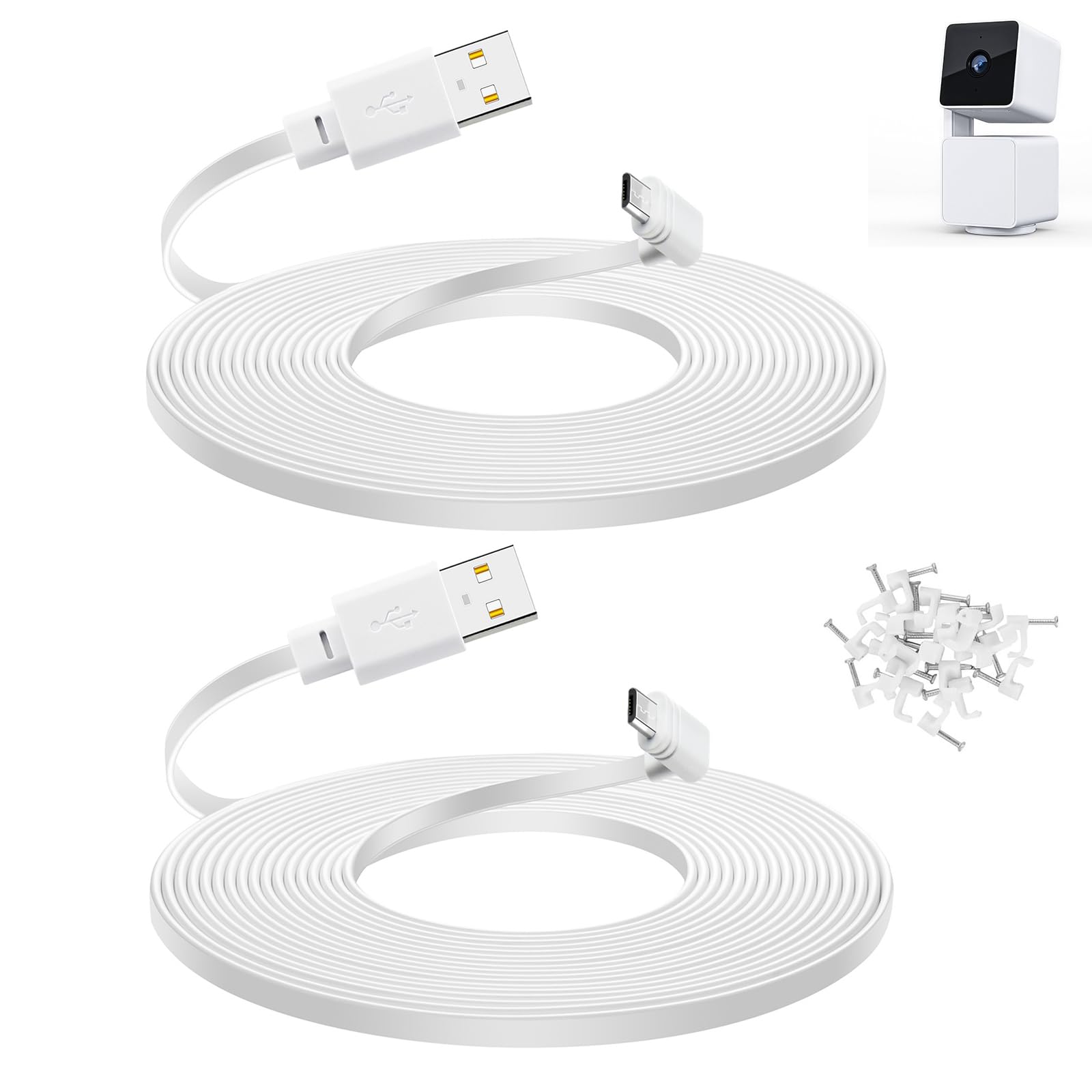 20 ft Cable for WYZE Cam Pan v3 Camera, Micro USB Power Cord, 2Pack, White