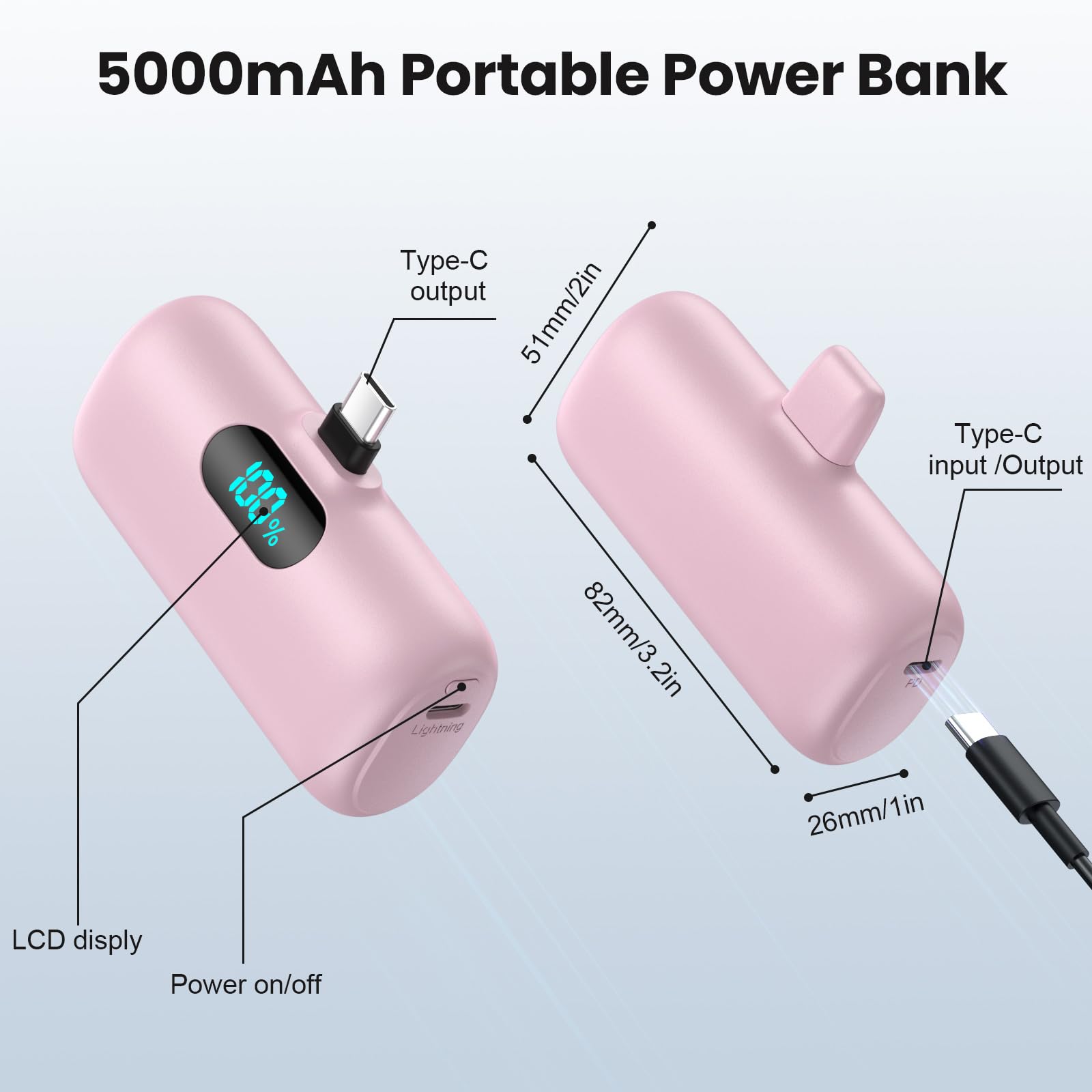 Mini Portable Charger Usb C Power Bank,5000Mah Pd Fast Charging Battery Pack Built In Usb C Connector Lcd Display Compatible Wit