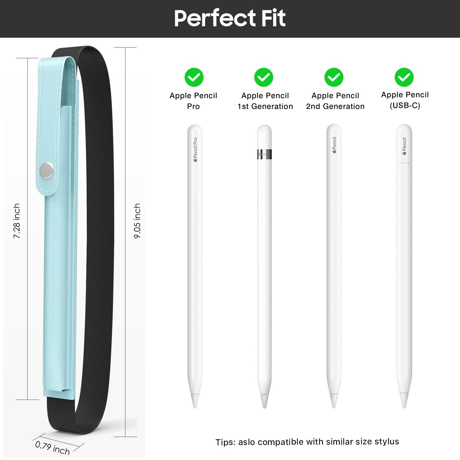 MoKo Pencil Holder for Apple Pencil Pro, Apple Pencil 1st/2nd Generation, Apple Pencil (USB C), PU Leather iPad Pencil Sleeve Pouch with Buckle & Elastic Band Attach to iPad Case,Sky Blue