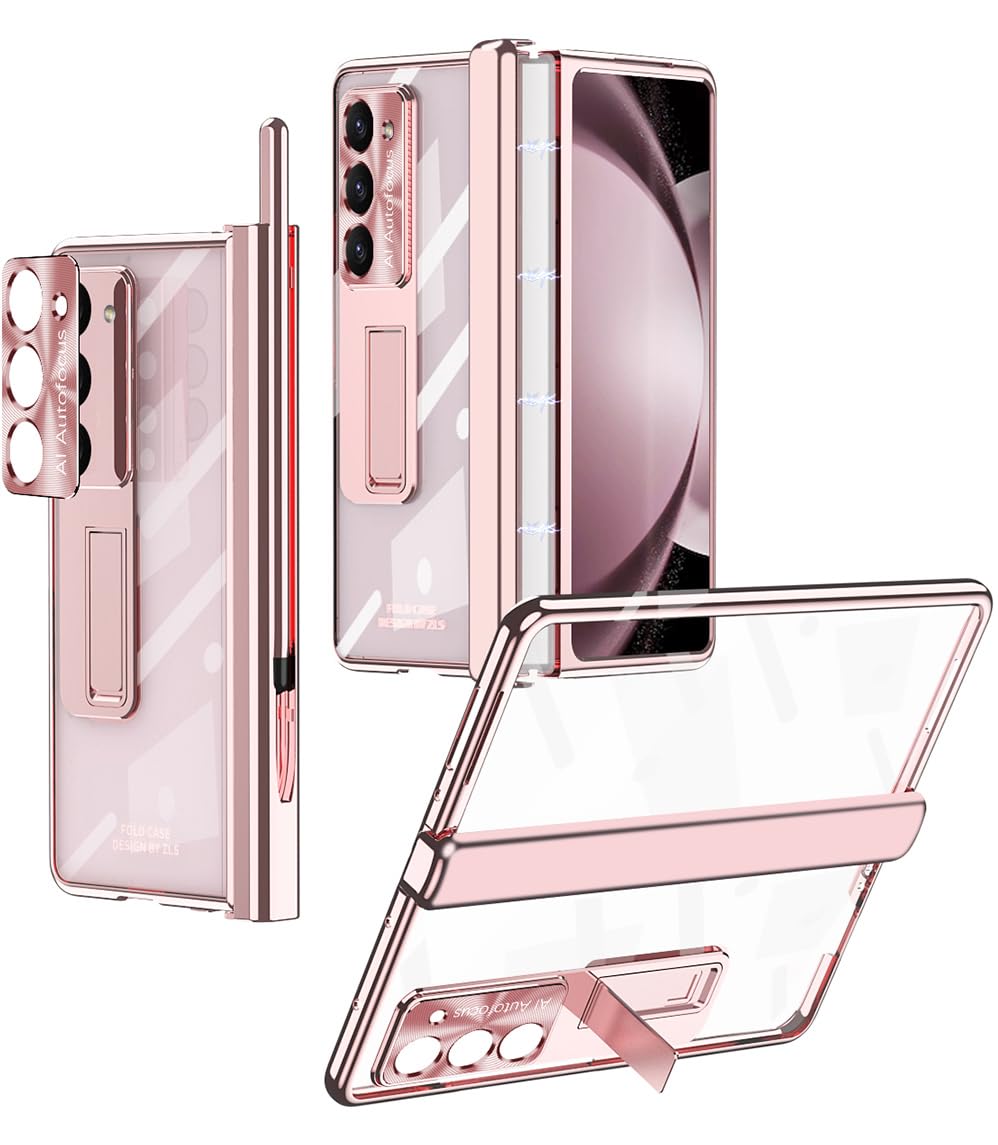 Miimall Samsung Z Fold 5 Case, Clear, With S Pen, Hinge Protection, Tempered Glass Screen Protector, Holder, Kickstand (Rose Gol