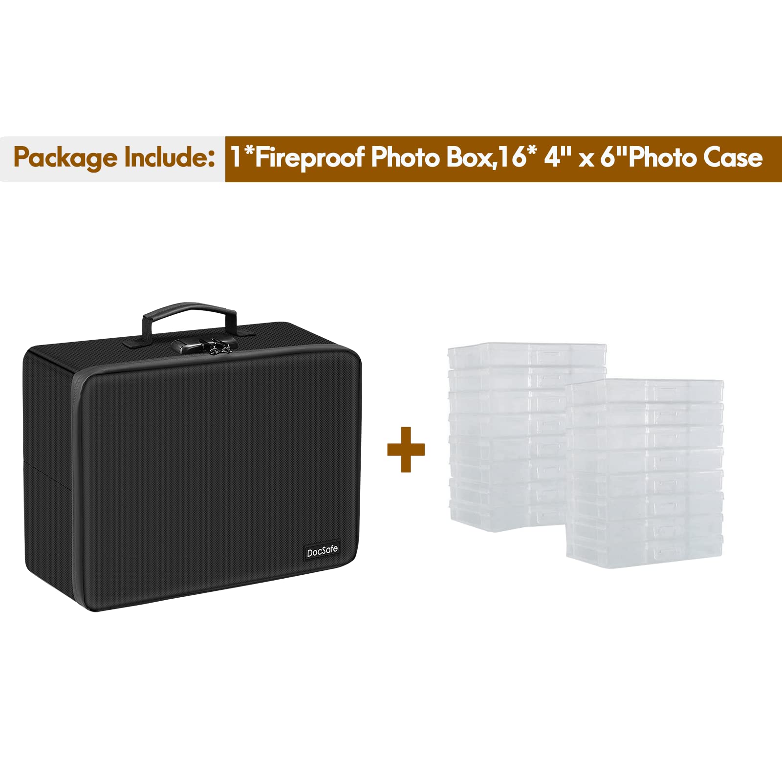 Photo Storage Box With Lock,Docsafe Fireproof Photo Organizer Box With 16 Inner 4'' X 6'' Photo Case(Clear),Collapsible Portable
