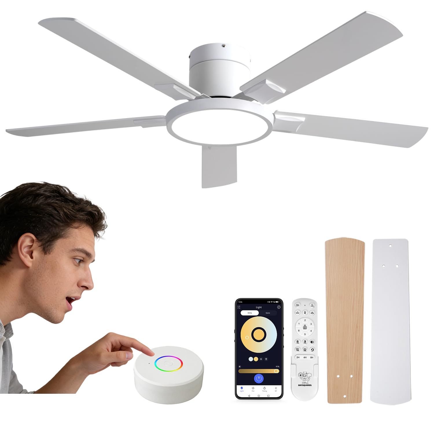 Ceiling Fan with Lights, Smart Flush Mount Ceiling Fan with Remote/APP/Offline Voice Control, 6 Speeds Reversible, 3-Color Dimma