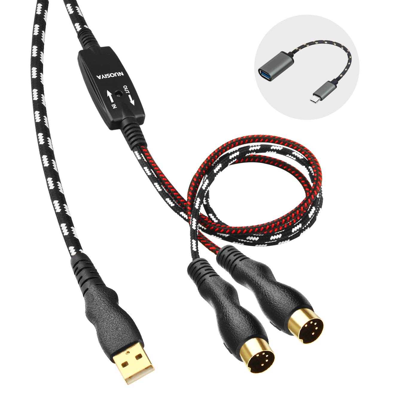 Nuosiya Midi Cable, Midi To Usb Interface Cable 4.5Ft,Midi Interface In Out To Usb Cord Adapter With Indicator For Piano Keyboar
