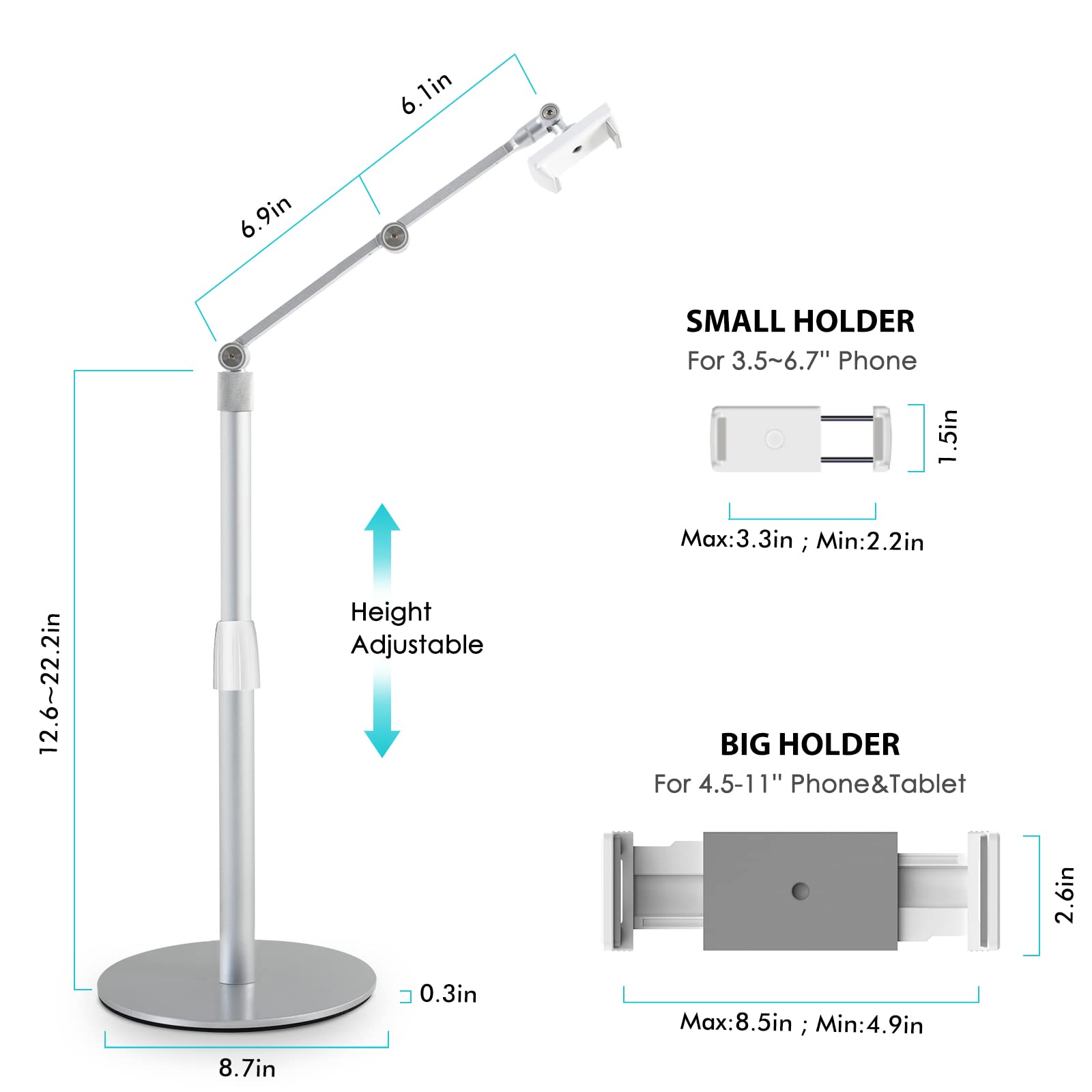 Viozon Tablet Phone Overhead Stand, Height & 360 Degree Angle Adjustable, Aluminum Desktop Stand, Compatible with 3.5 11' Cellphone or Tablet Such as iPhone iPad Pro Air Mini, Samsung, Nexus(AP 4PS)