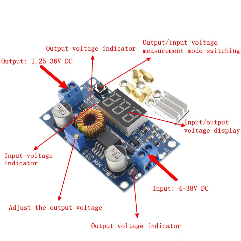 Hiletgo 5A 75W Dc Dc Step Down Power Module Xl4015 Adjustable With Led Voltmeter Free Pillars