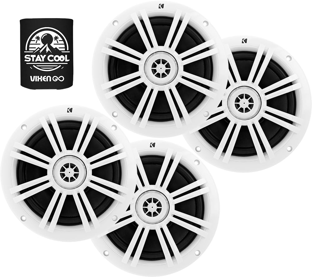 KICKER 6.5 Marine Speakers (2 Pairs) OEM Replacement Coaxial Speakers for Boat with White Grille 4-ohm. Water and Weather Resist
