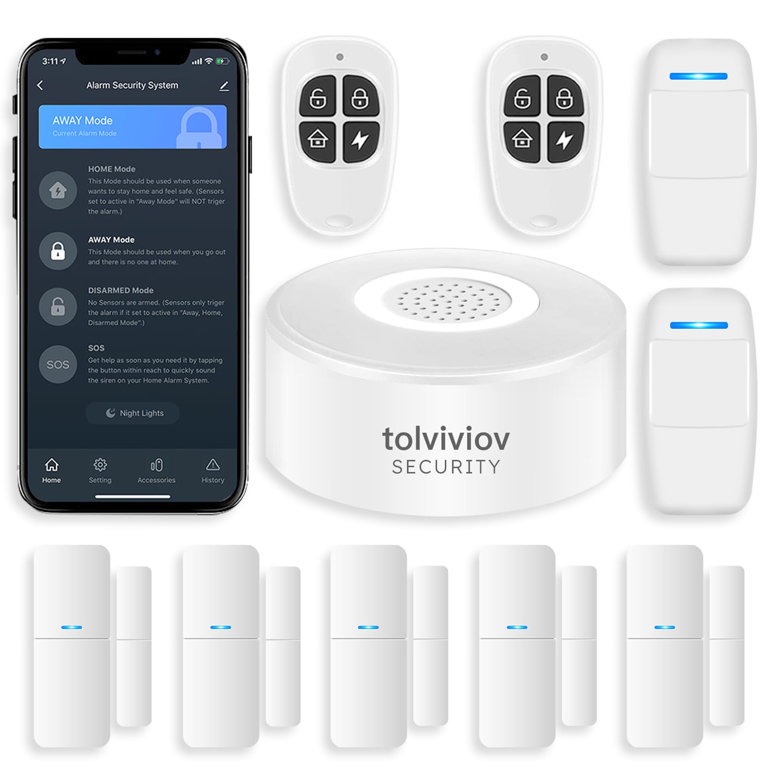 Tolviviov Home Security System Wireless, Diy Door Alarm Security System, App Alerts, 10 Piece Kit, No Monthly Fee, Wifi Alarm, Door Window Motion Sensor, For Safety, Home Security, Kids Safety