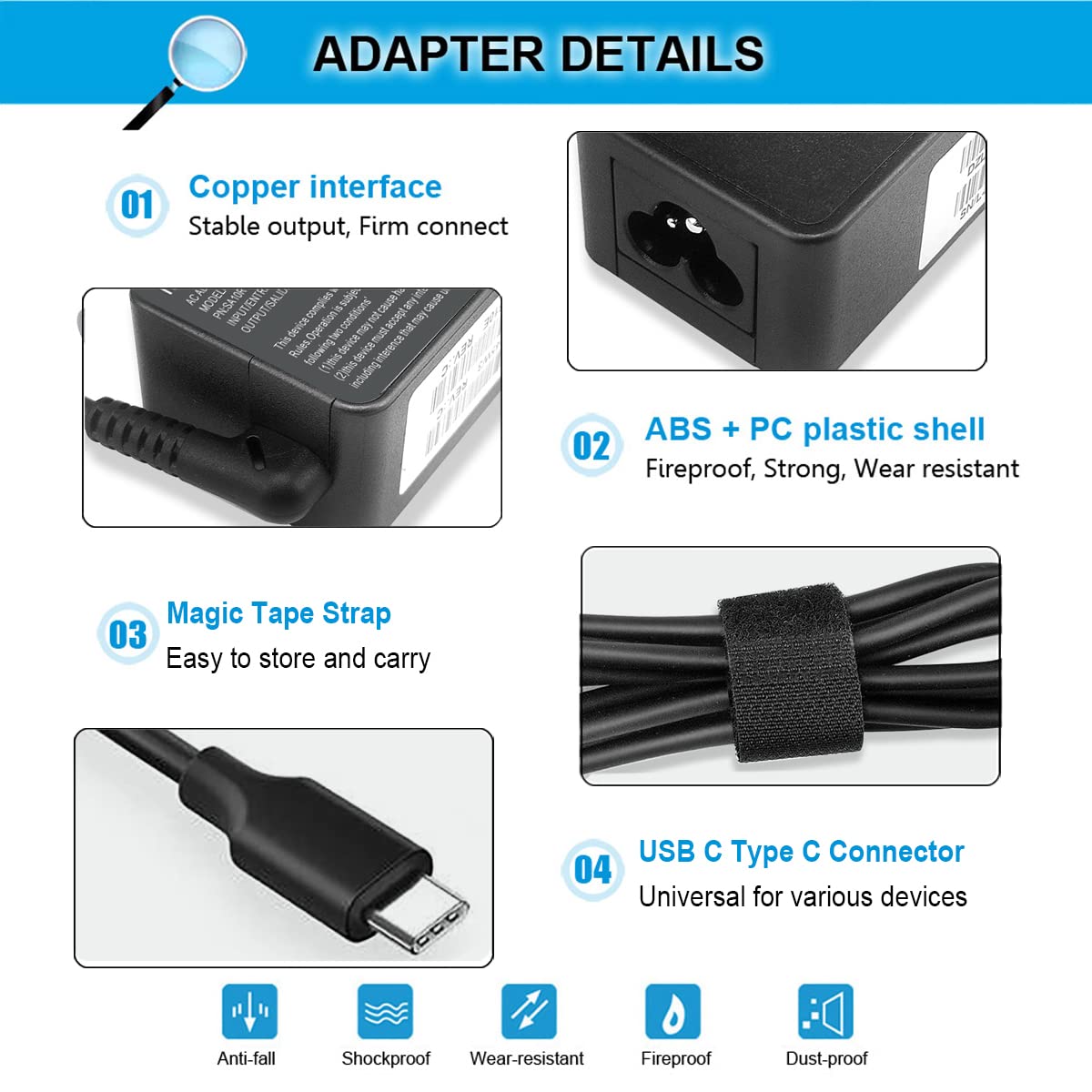 65W Type C Usb C Charger For Lenovo Chromebook 100E 300E 500E C330 C340 S330 Yoga C930 C740 S730 730 730S 720 910 920 Thinkpad X1 Carbon 5Th 6Th 7Th 8Th Gen T480S T490S T580S T580 T590 T480 E480