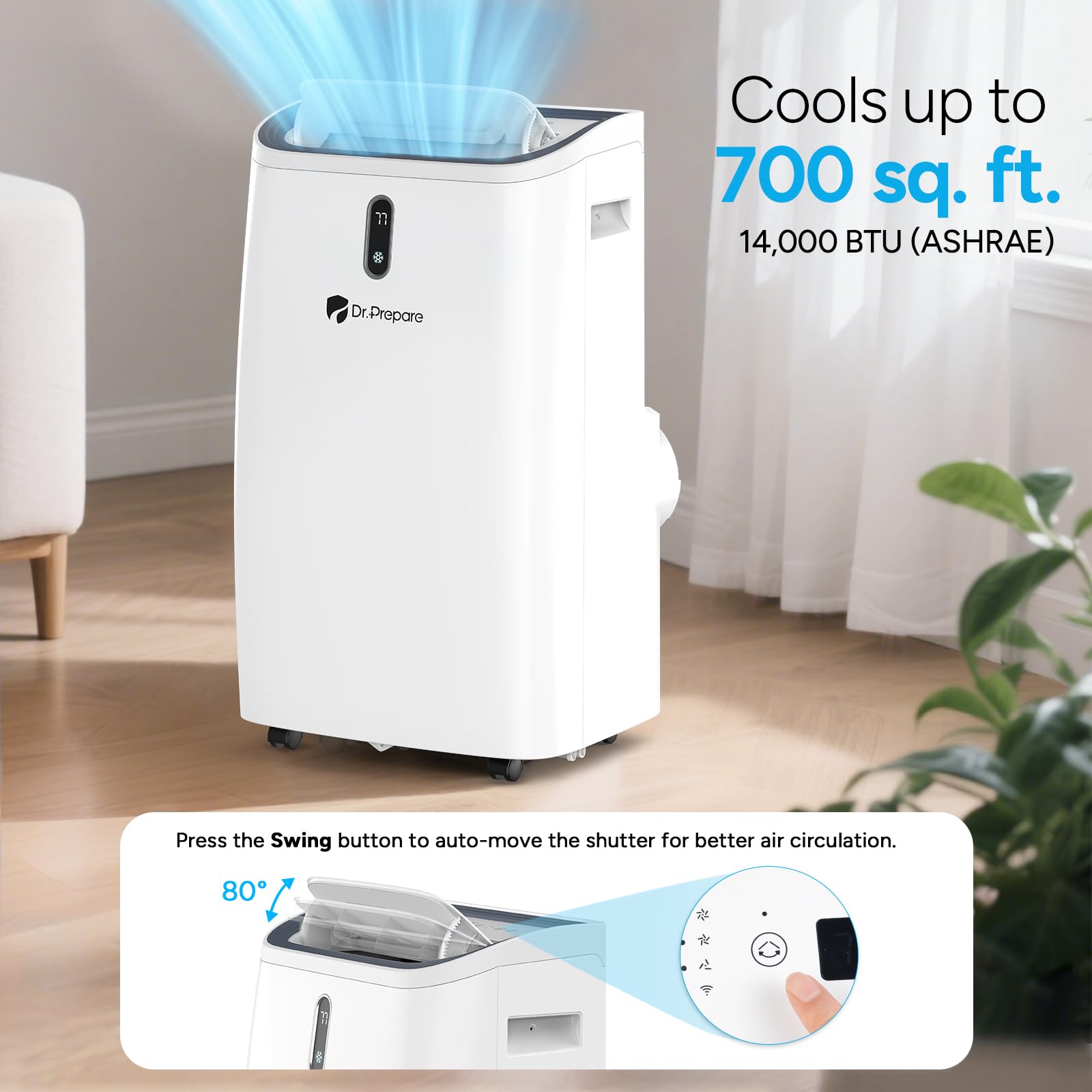 Dr.Prepare 14,000 Btu Portable Air Conditioner With Wifi, 4-In-1 Portable Ac Unit With Remote Control, Fast Cooling, 24H Timers,
