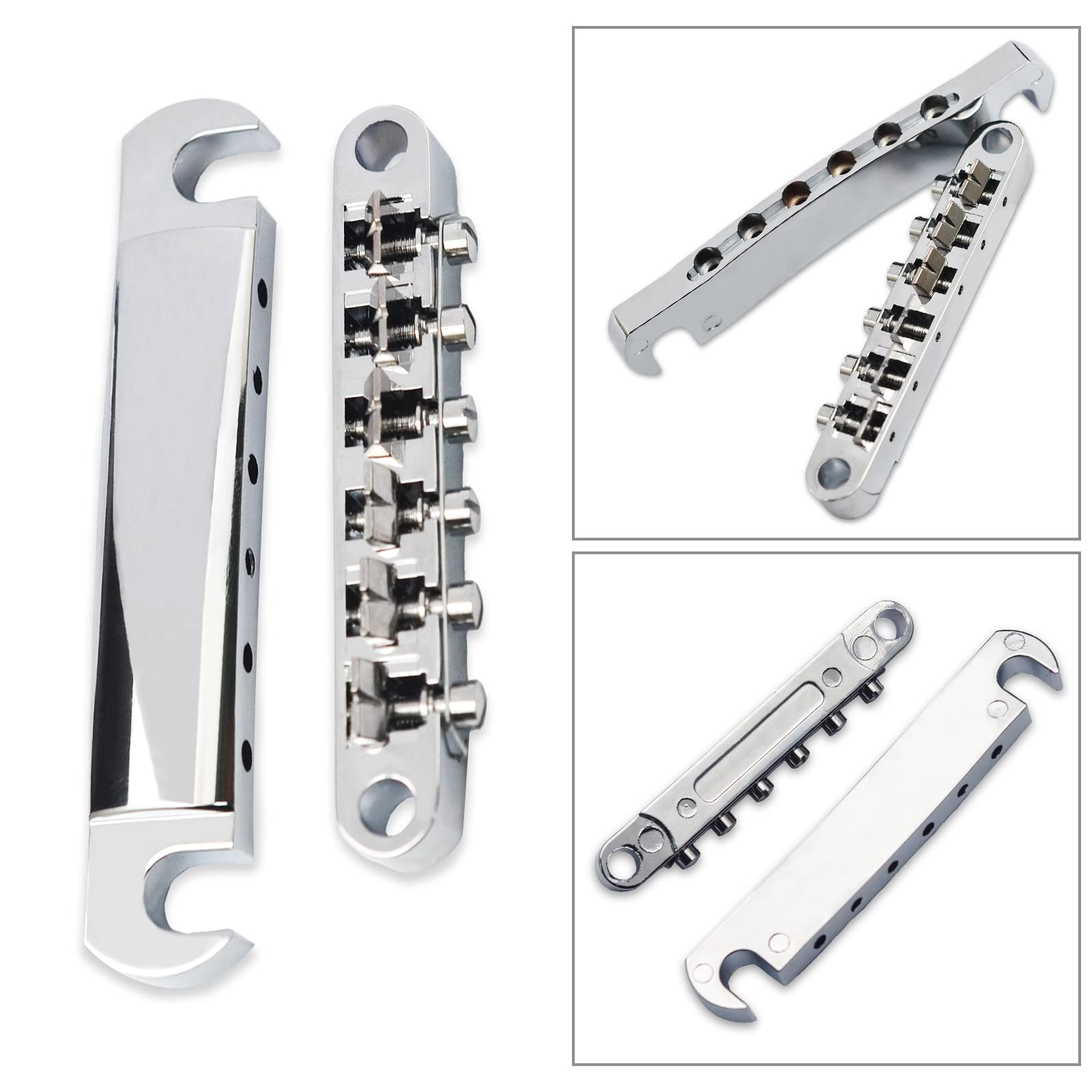 Maxcheer A Set Of String Saddle Tune O Matic Bridge & Tailpiece For Gb Lp Style Electric Guitar (Chrome)