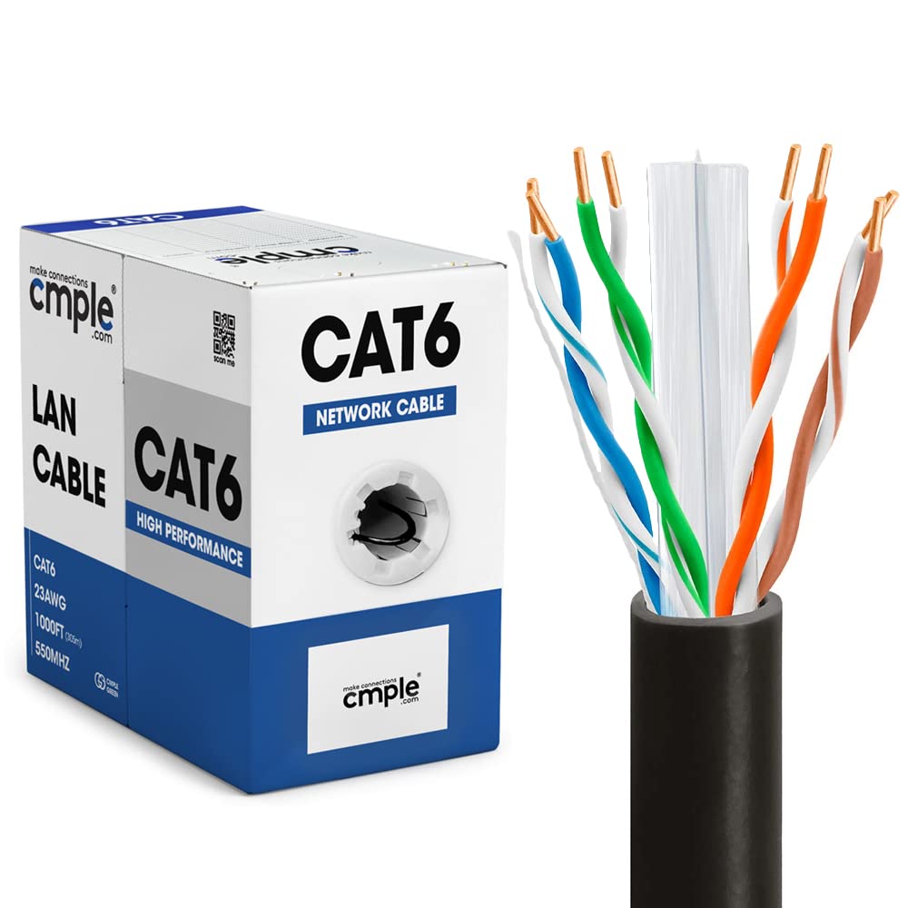 Cmple   Cat6 Cable 1000Ft Bulk Lan Ethernet Cat 6 Wire Network Utp 23Awg Cmr Riser 10Gbps 550 Mhz Pull Box 1000 Feet, Black