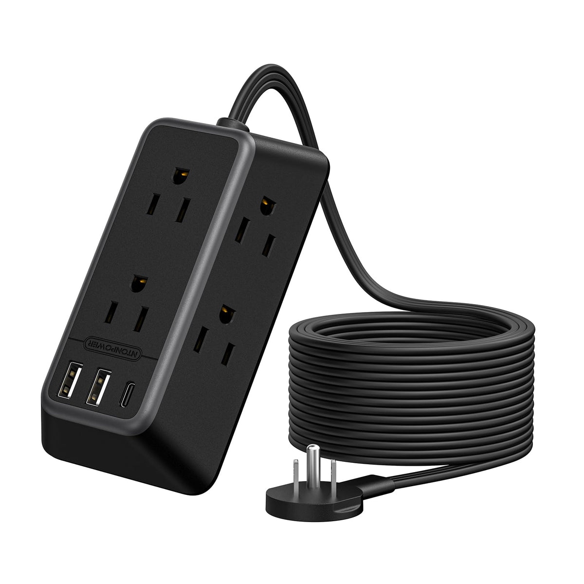 10Ft Black Extension Cord, Ntonpower 1080J Flat Plug Surge Protector Power Strip With 6 Outlets & 3 Usb Ports (1Usb C), 3 Side O