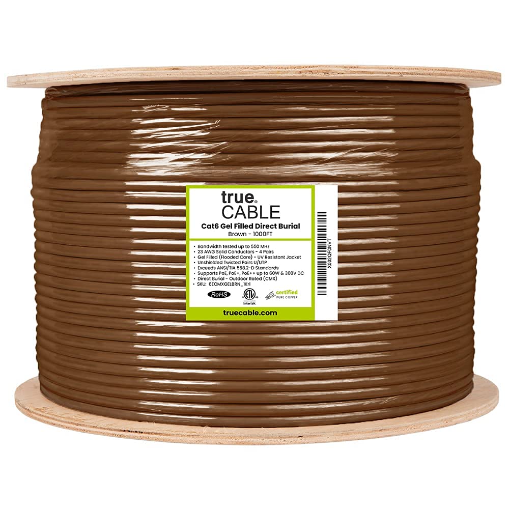 Truecable Cat6 Direct Burial, Gel Filled, 1000Ft, Brown, Waterproof, Cmx, 23Awg Solid Bare Copper, 550Mhz, Poe++ (4Ppoe), Etl Listed, Unshielded Utp, Bulk Ethernet Cable