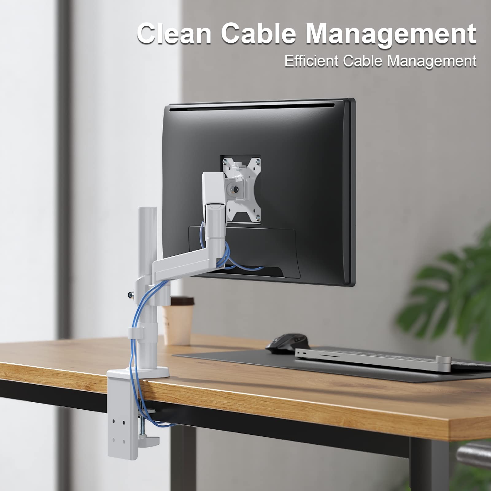 WALI Single Monitor Mount, Adjustable Gas Spring Arm Desk Mount for Screen up to 32 inch, 17.6lbs Weight Capacity, Mounting Pattern 75 x 75mm or 100 x 100mm (GSDM001W), White