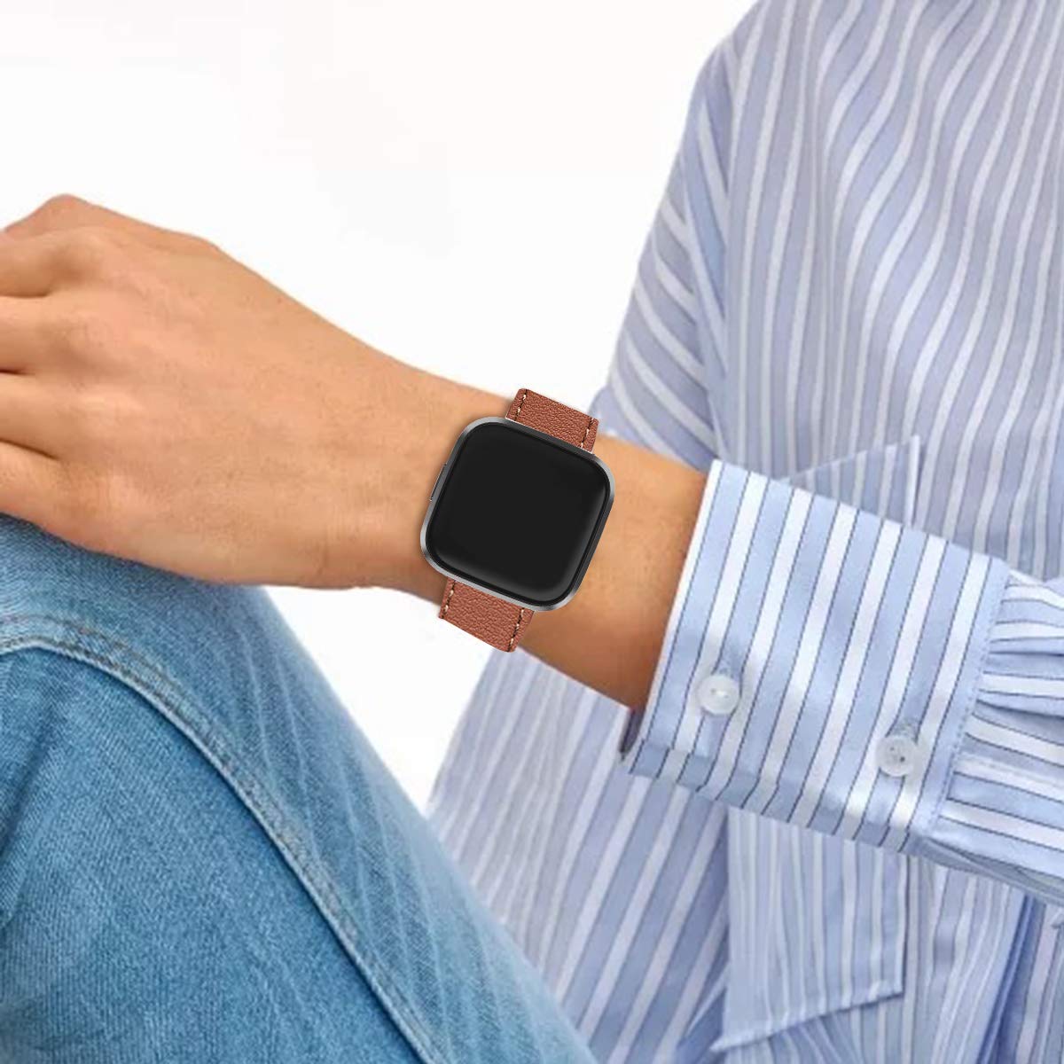 Wfeagl For Versa Band, Top Grain Leather Band Replacement Strap For Versa/Versa 2 /Versa Lite/Versa Se Fitness Smart Watch (Brow