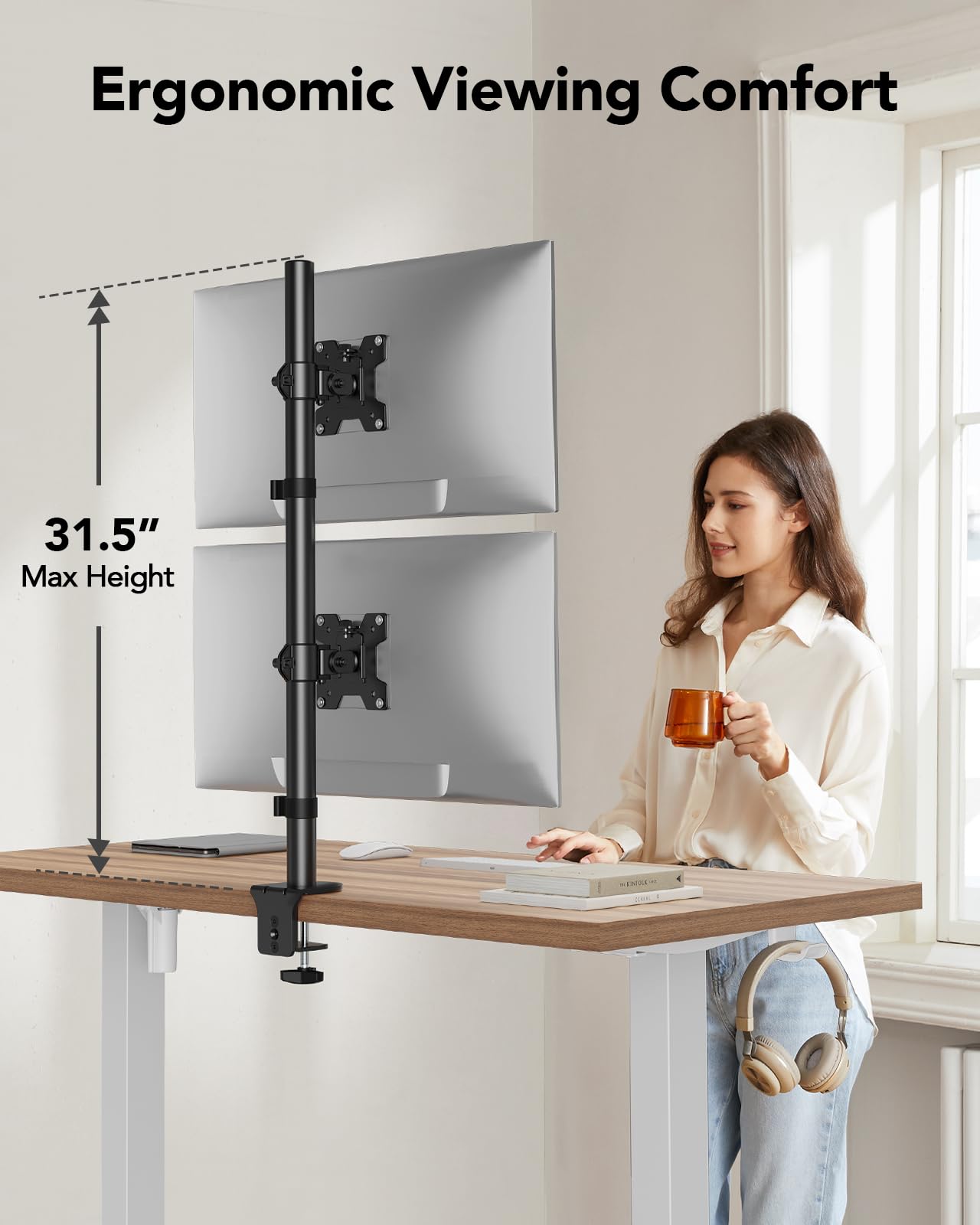 Huanuo Vertical Dual Monitor Mount, Stacked Monitor Stand For 2 Monitors With Height Adjustment Computer Monitor Arm Supports Tw