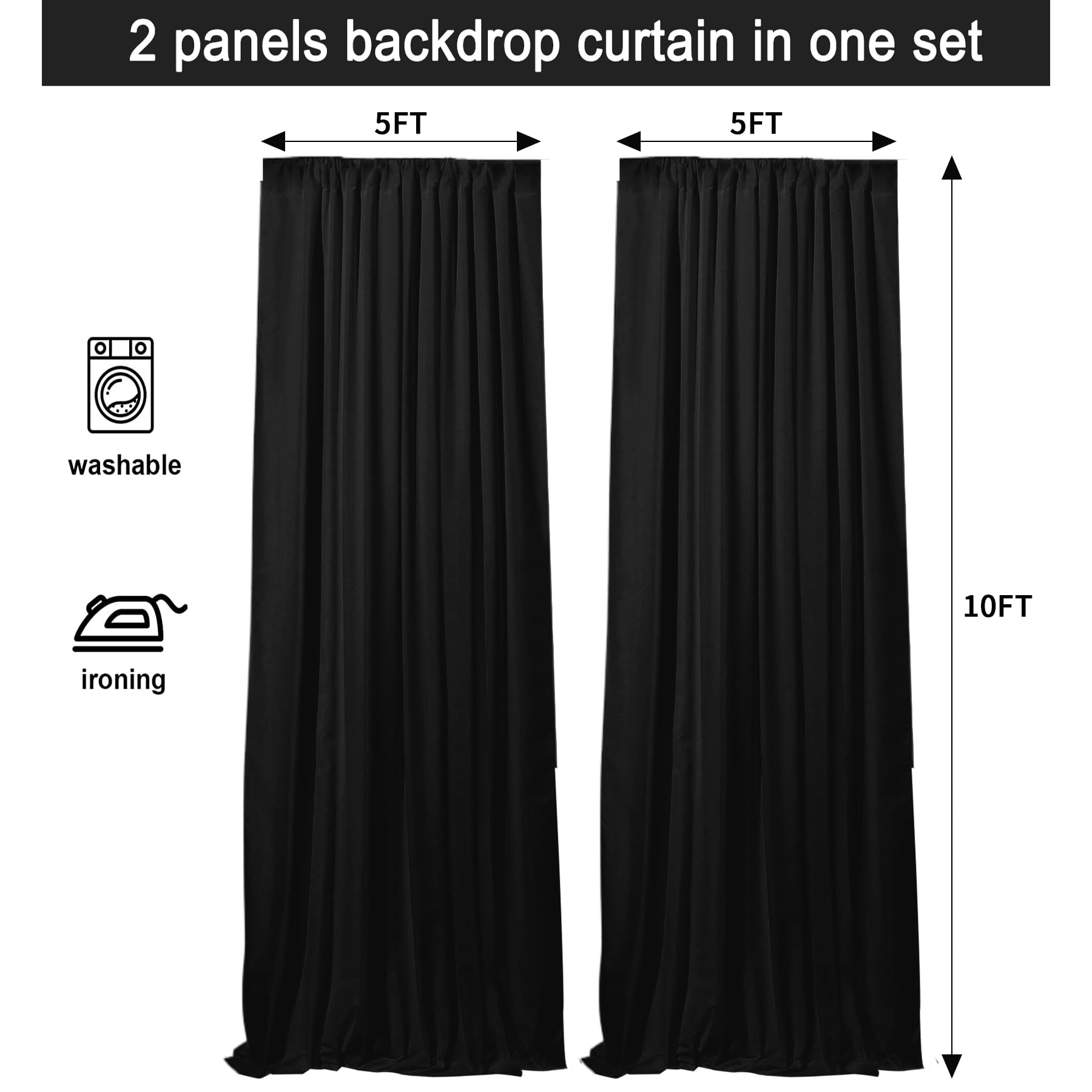 10X10Ft Black Backdrop Curtains For Parties Wedding Baby Shower Curtain Backdrop For Birthday Stage Background Decorations Thick