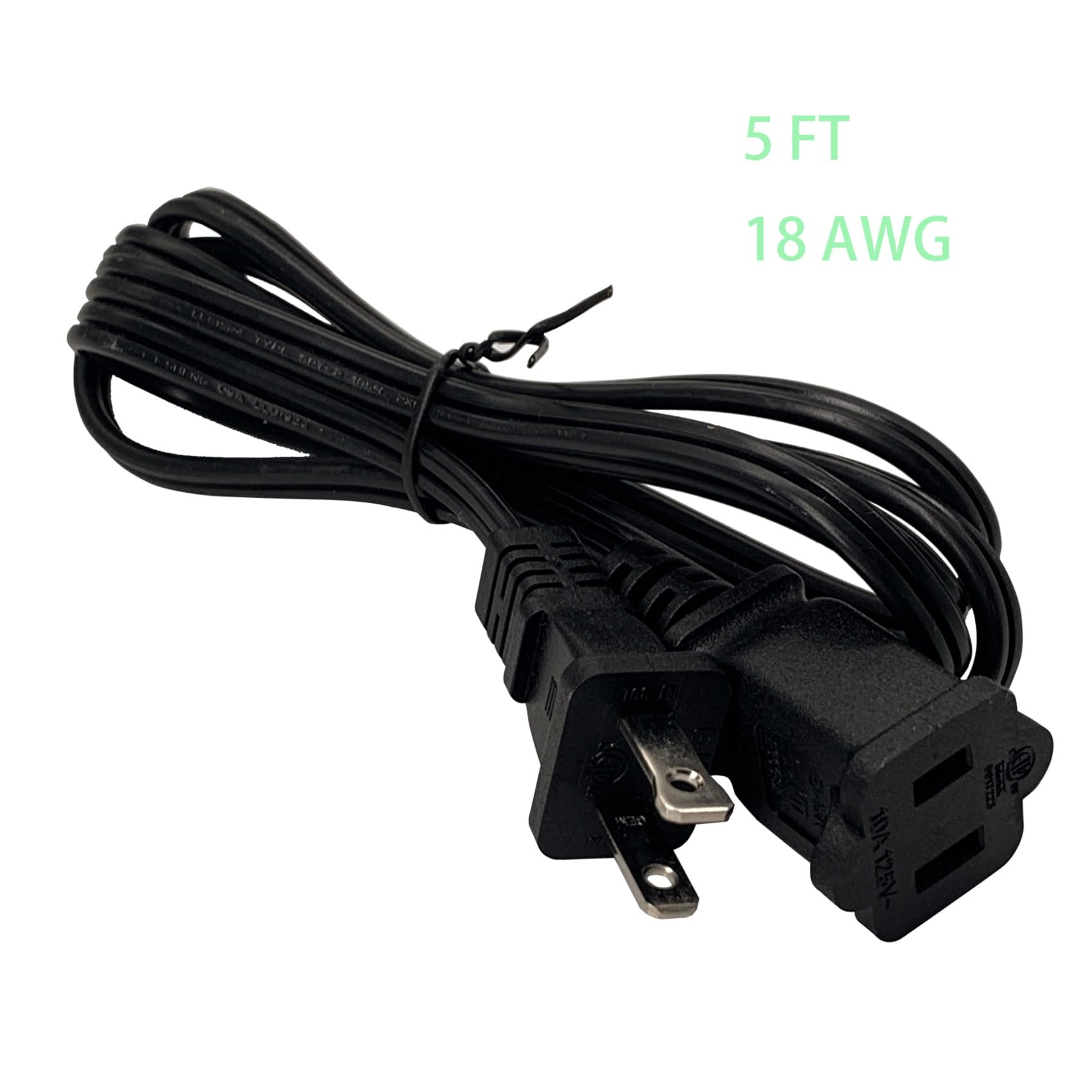 2 Prong Extension Cord 5 Ft, Polarized Us Ac Power Cord Small 18 Awg, Male Female Extension Cords For Nema 1 15P To 1 15R, Used