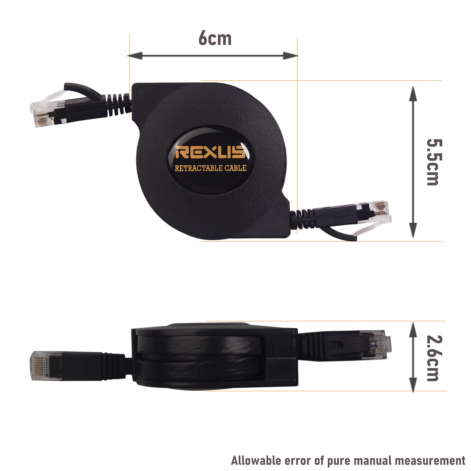 Rexus Retractable Cat 6 Flat Ethernet Network Cable 6.6 Ft, 10 Gigabit High Speed Lan Wires Internet Patch Cable With Rj45 Conne