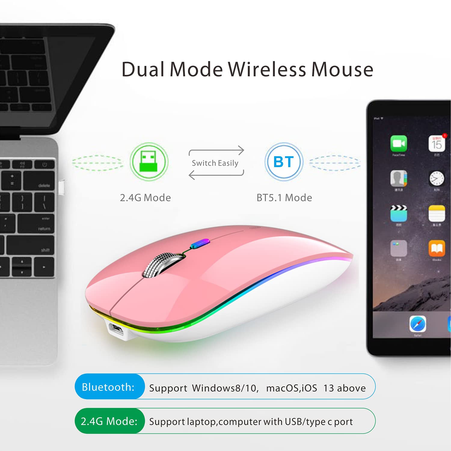 Tenmos Wireless Bluetooth Mouse, Led Slim Dual Mode (Bluetooth 5.1 + Usb) 2.4Ghz Rechargeable Silent Bluetooth Wireless Mouse With Type C Adapter For Laptop/Macbook/Ipad Os 13 And Above (Pink)