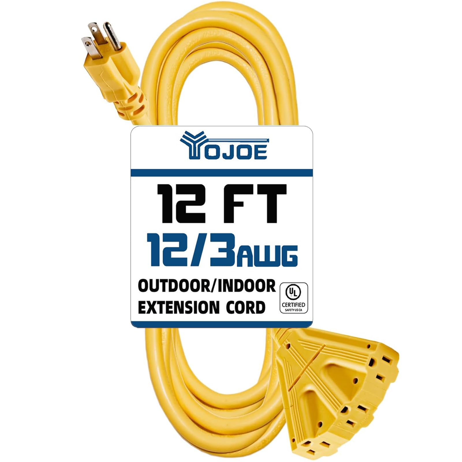Yojoe 3 Outlets Indoor Outdoor Extension Cord, 3 Prong 15A Weatherproof Power Cord Multiple Outlets, 12 Gauge Heavy Duty 12 Ft Y