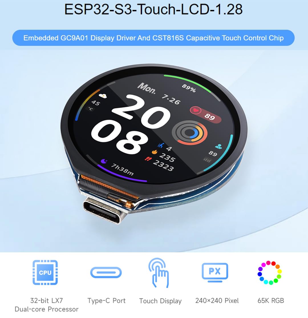 Waveshare Esp32 S3 Development Board With 1.28Inch Round Touch Lcd, Accelerometer And Gyroscope Sensor, 240  240 Pixel 65K Color