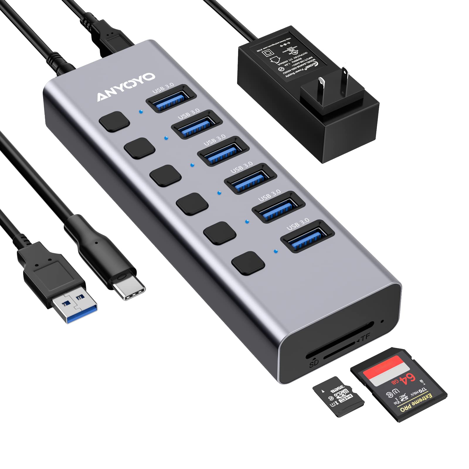Powered Usb Hub With Tf/Sd Card Reader, 8 Port Usb 3.0 Hub With 6 Usb 3.0 Data Ports, Usb Spilter With Individual On/Off Switche