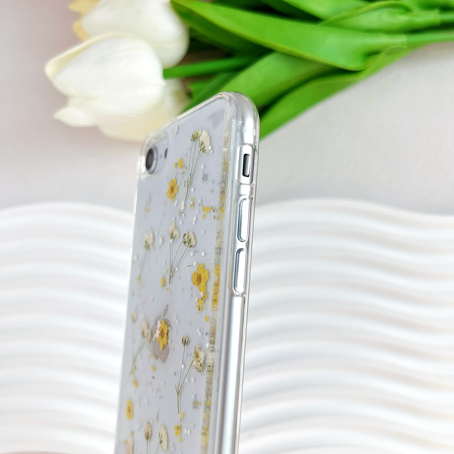 Lseeka For Iphone Se 2022/ Se 2020/8/7 Clear Case With Pressed Real Flowers Design,Glitter Cute Yellow Floral Pattern Slim Soft