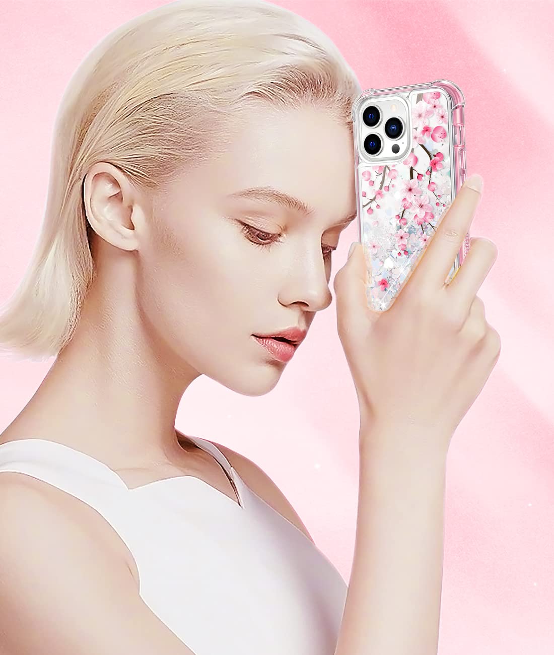 Caka Compatible For Iphone 13 Pro Max Case For Girls Women Glitter Flower Bling Liquid Sparkle With Screen Protector Flowing Qui