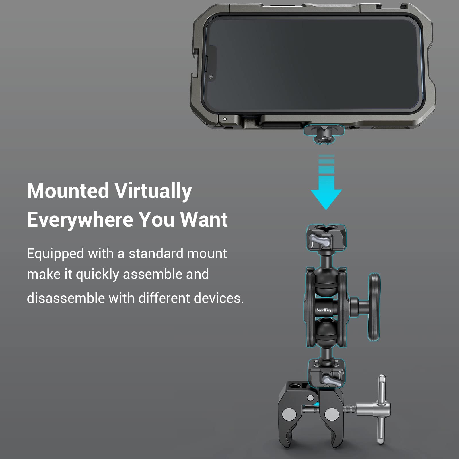 Smallrig Quick Release Ballhead Magic Arm 360 Rotation Articulating Magic Arm With 1/4 Screw, Drop-In Hawklock Camera Clamp For