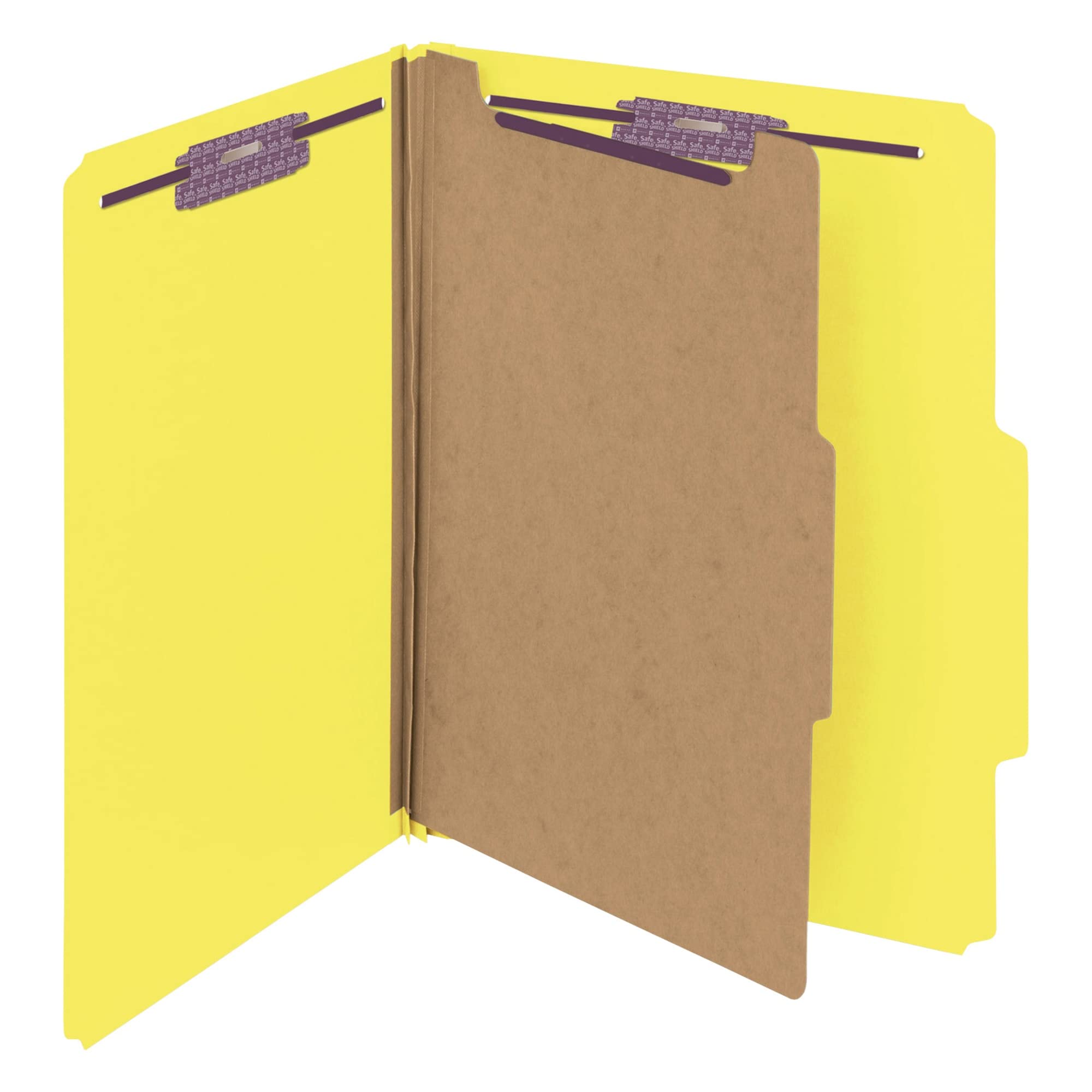 Smead Pressboard Classification File Folder With Safeshield Fasteners, 1 Divider, 2'' Expansion, Letter Size, Yellow, 10 Per Box