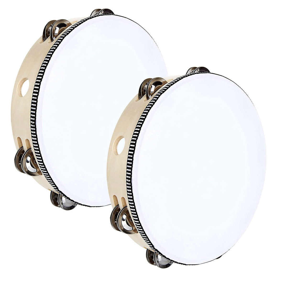 2 Pack 10 Inch Tambourine For Adults Wooden Tambourine Hand Held Tambourine Metal Jingles Single Row Instrument Handheld Tambour