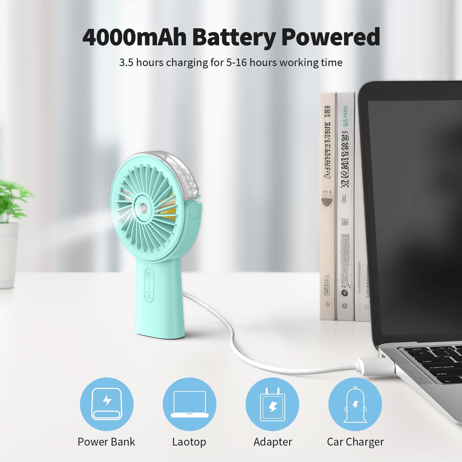 Otlonpe Misting Fan Portable Fan With Mist, 4000 Mah Rechargeable Handheld Fan Battery Operated Water Spray Mister Fan, Small Pe