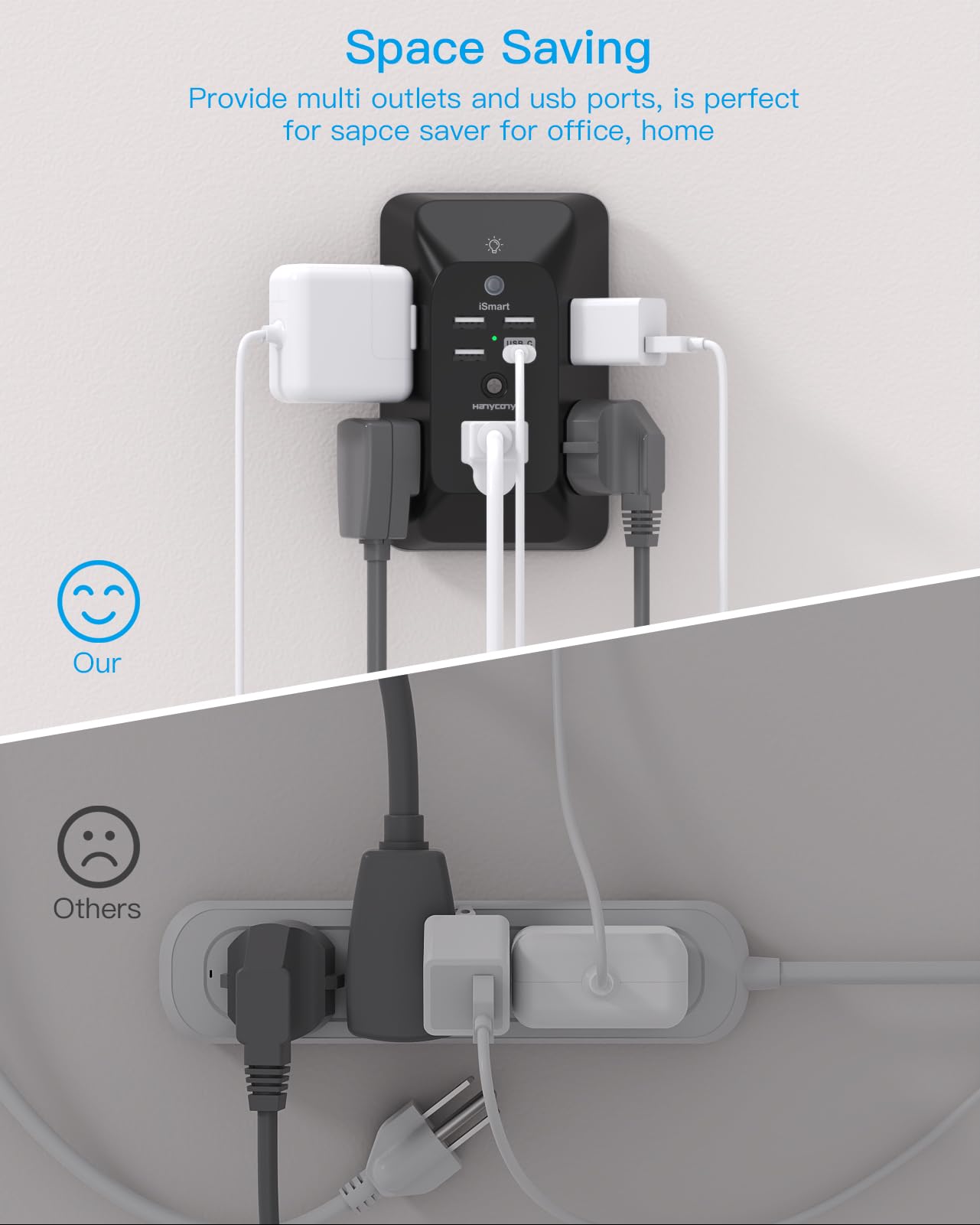Black Multi Plug Outlet, Outlet Extender With 4 Usb Ports (2 Usb C) And Night Light, 1050J Surge Protector, Wall Mount, Outlet S