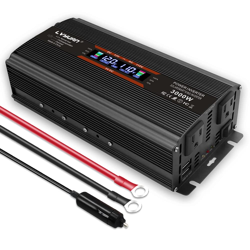 Lvyuan 1500W Power Inverter For Car Vehicles Inverter 12V To 110V Ac With Lcd Display, 2Ac Outlets, 3.1A Usb Charging Ports (Bla
