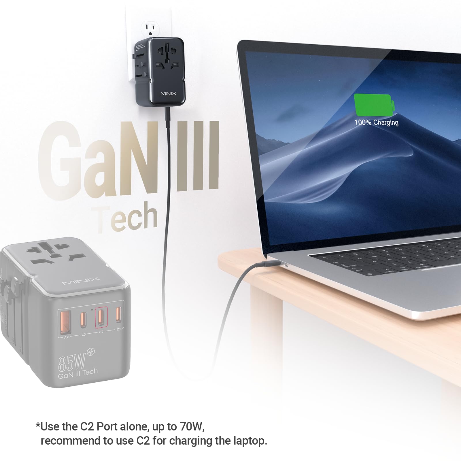 Minix 85W Universal Travel Adapter, Gan Iii International Power Adapter, 3 Usb C 2 Usb A Ports, Ac Outlet, Worldwide Us/Uk/Eu/Au