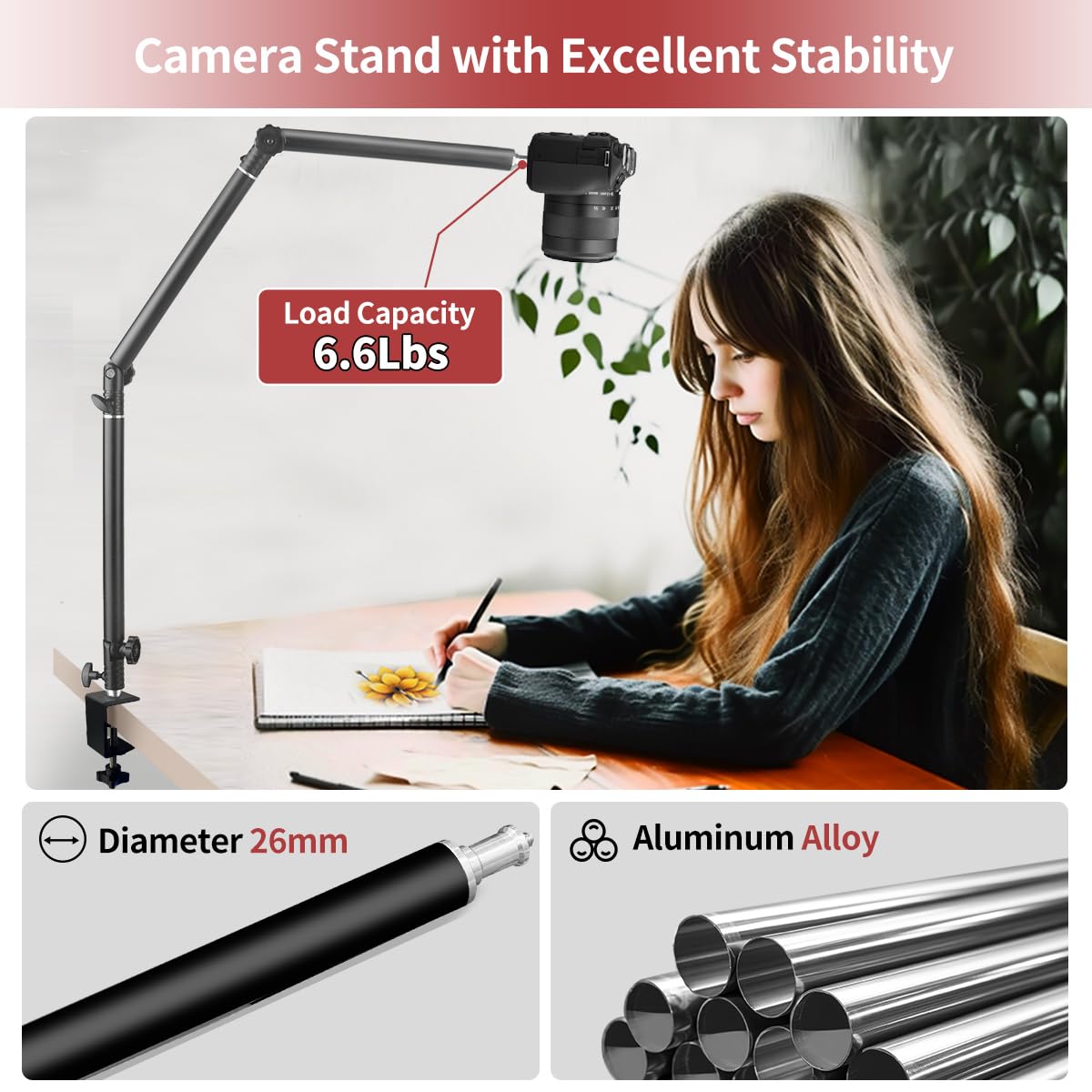 Hemmotop Overhead Camera Mount, Camera Arm Desk Mount Max. Load 6.6 Lbs, Flexible Adjustable Webcam Stand For Desk Max. Height 4