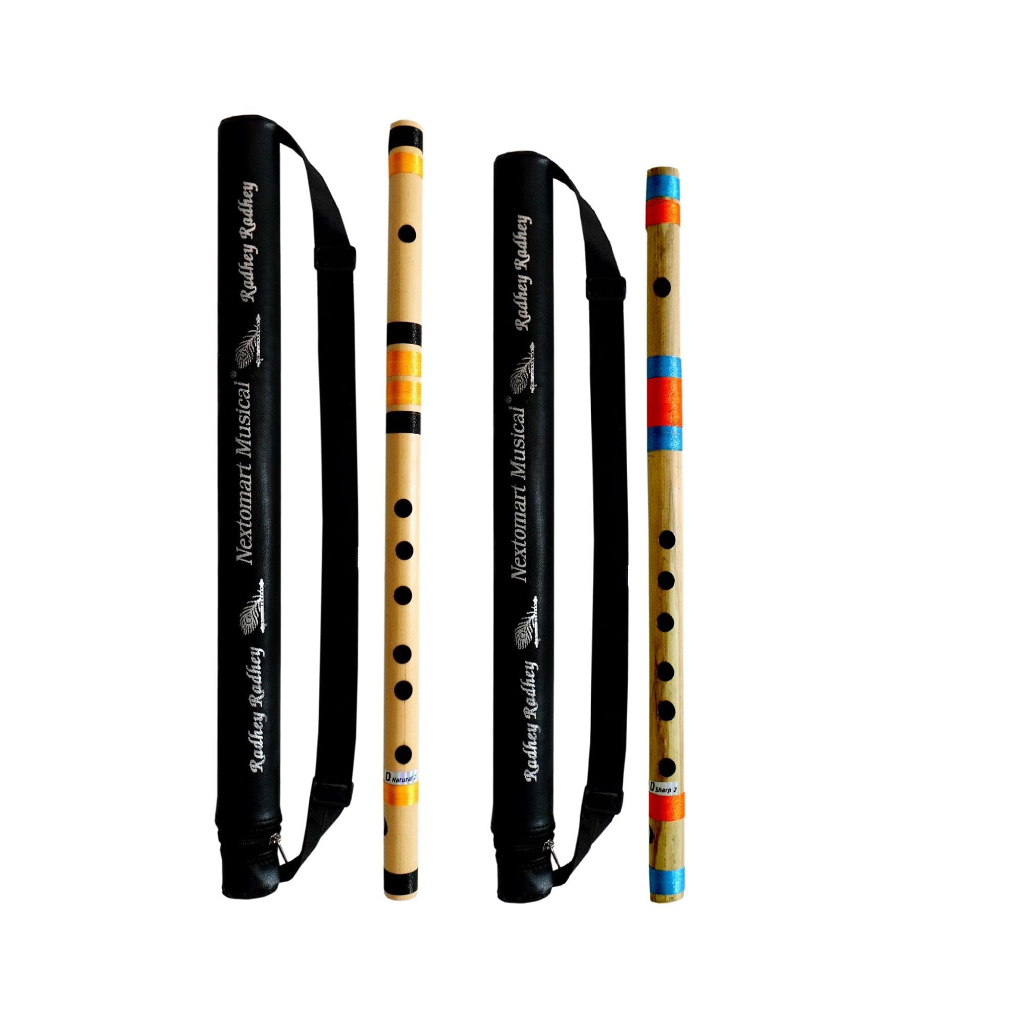 Nextomart Musical Combo Flutes D Natural 7 Hole (18 Inch) & D Sharp 7 Hole (17 Inch) Bamboo Flute Bansuri With Flute Carry Bag F