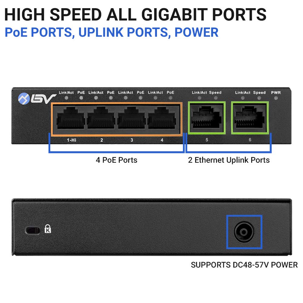 Bv Tech 6 Port Poe+ Switch 4 Poe+ Gigabit Ports With 2 Gigabit Uplink   60W   802.3At + 1 High Powerport | Desktop Fanless Desig