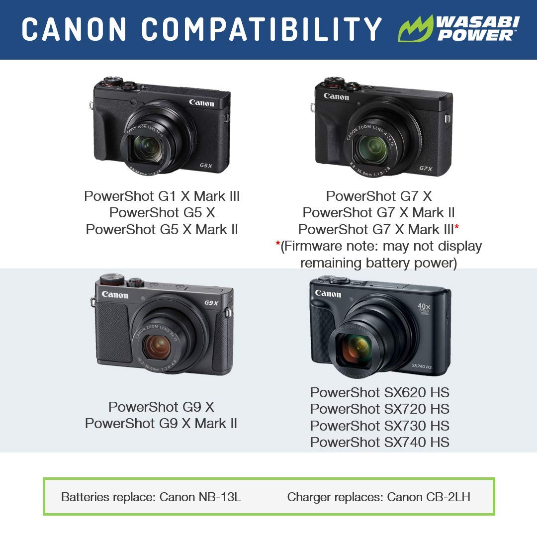 Wasabi Power Nb 13L Battery (2 Pack) And Charger For Canon Powershot G1 X Mark Iii, G5 X, G5 X Mark Ii, G7 X, G7 X Mark Ii, G7 X