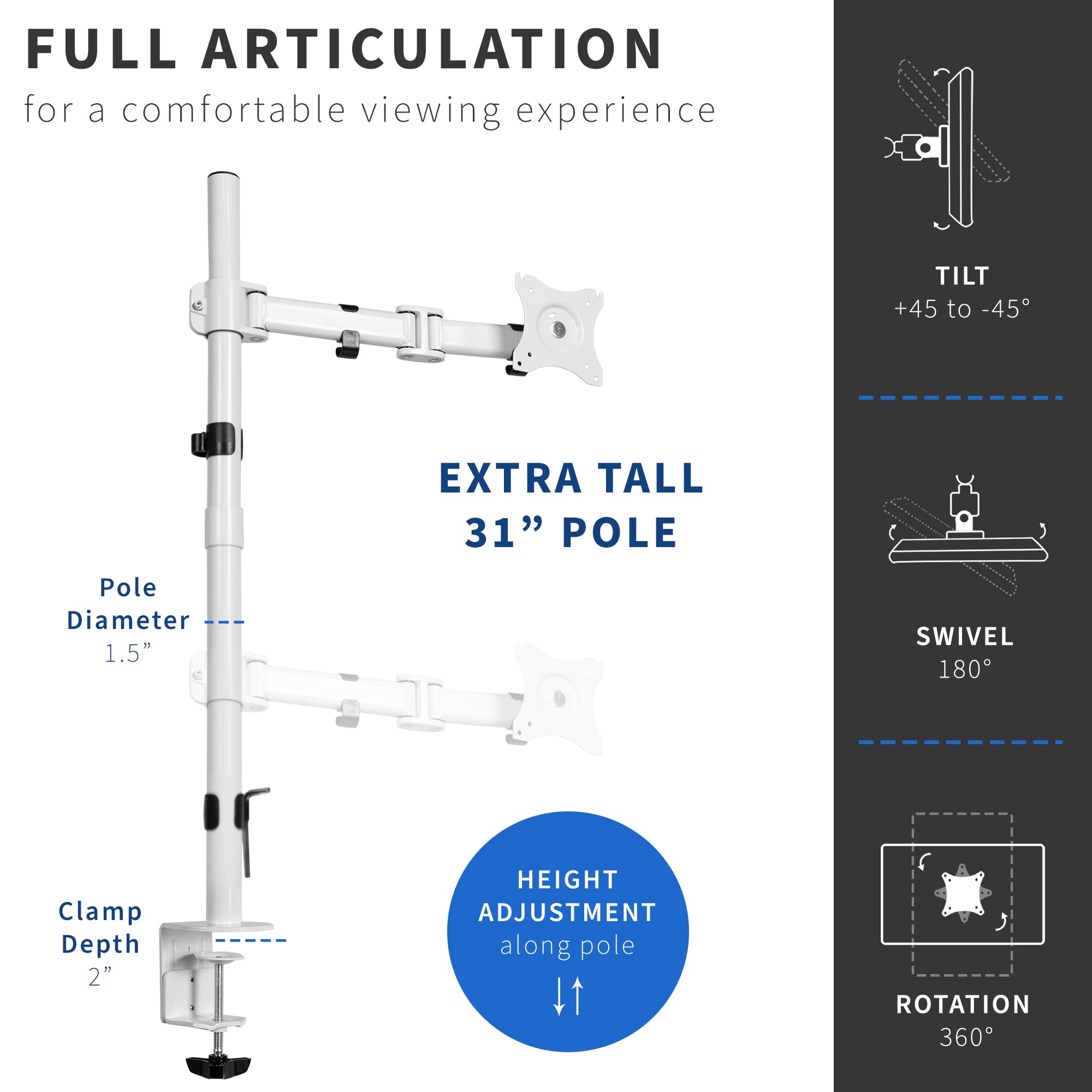 VIVO Single Monitor Desk Mount, Extra Tall Fully Adjustable Stand for 1 LCD Screen up to 32 inches, Ultra Wide Screens up to 38 inches, 22 lbs Capacity, White, STAND V001TW