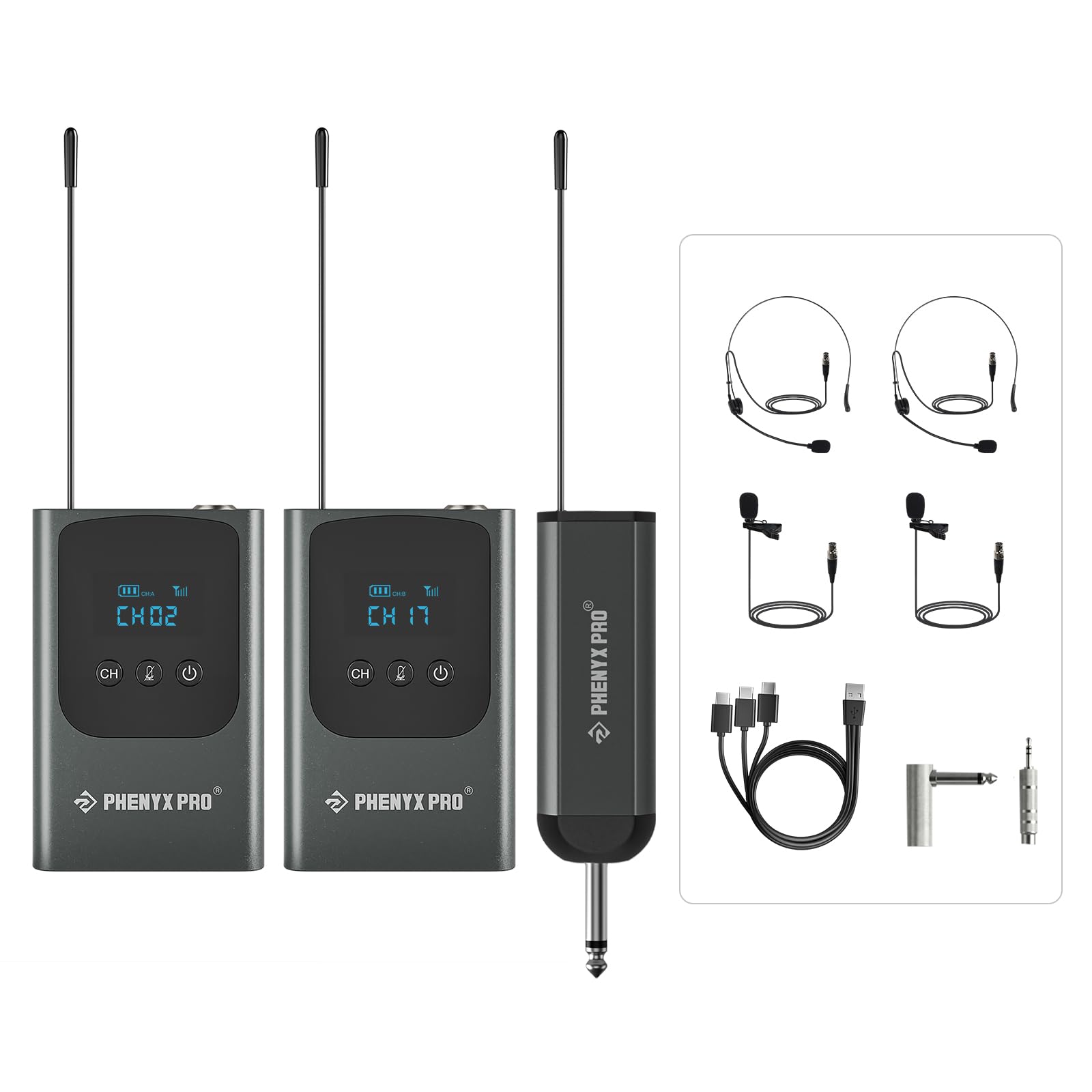 Phenyx Pro Dual Digital Wireless Microphone System, Portable Mini Receiver, 2x15 UHF Frequencies, 2 Bodypack Transmitters, Heads