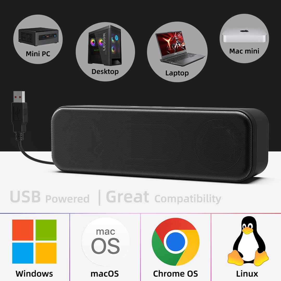 [Upgraded] Usb Computer Speakers For Desktop Pc, Laptop | Plug N Play | Small Soundbar With Crystal Clear Sound, Loud Volume, De