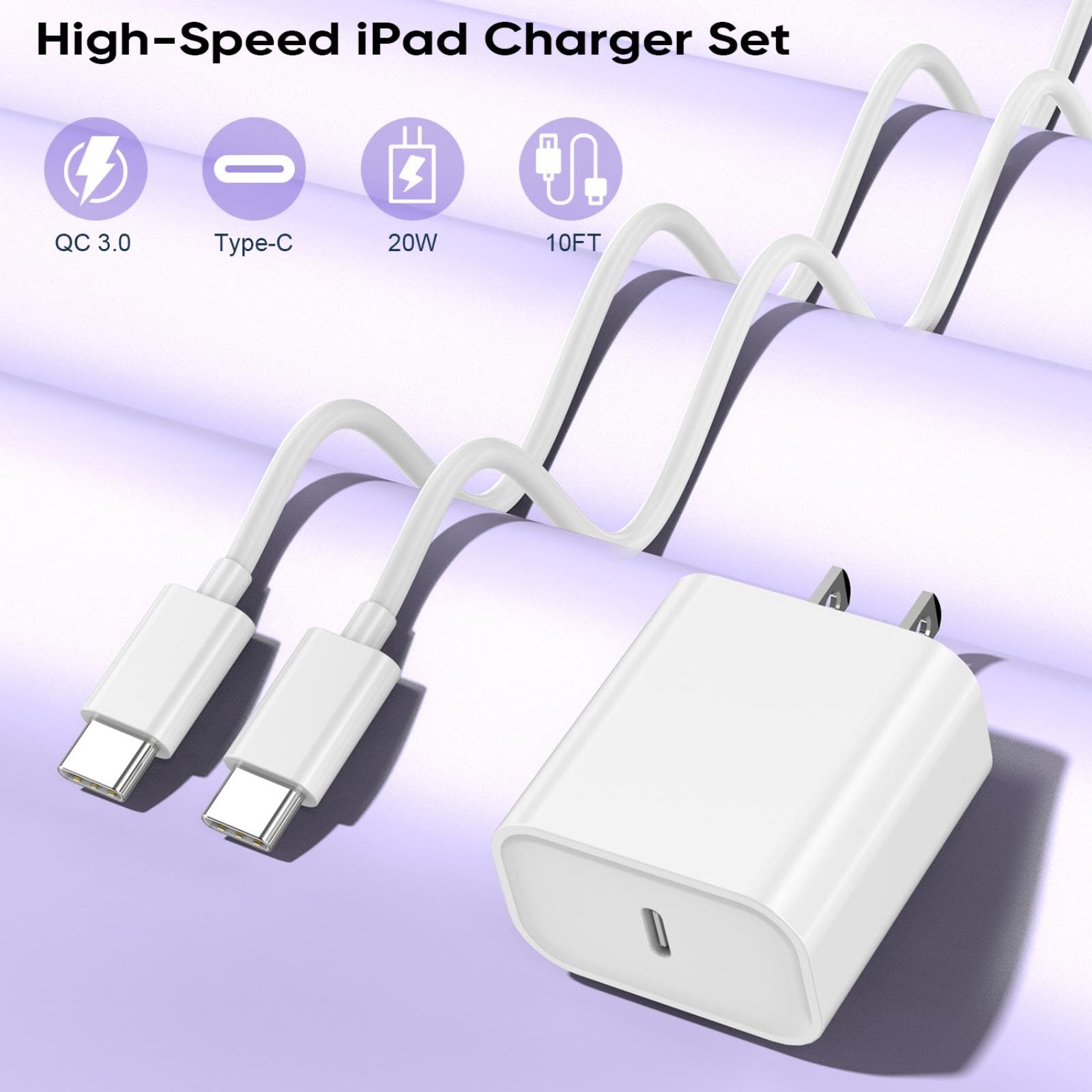 Nuinno iPhone 16 Pro Charger 10FT USB C Cable & 20W Adapter, White, Model HXF-1, Compatible with iPad Pro & Air