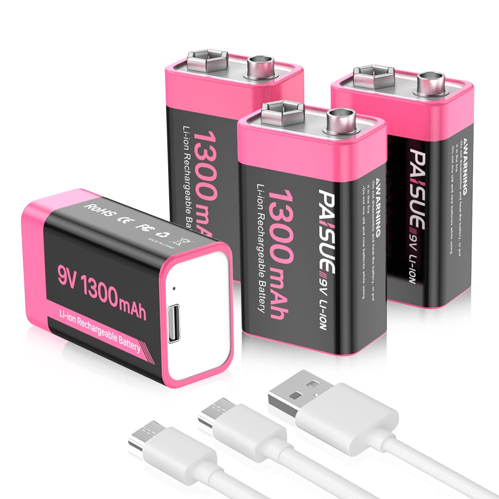 9V Rechargeable Batteries, 1300Mah High Capacity Lithium Ion Long Lasting 9 Volt Batteries With 2 In 1 Usb C Fast Charging Cable