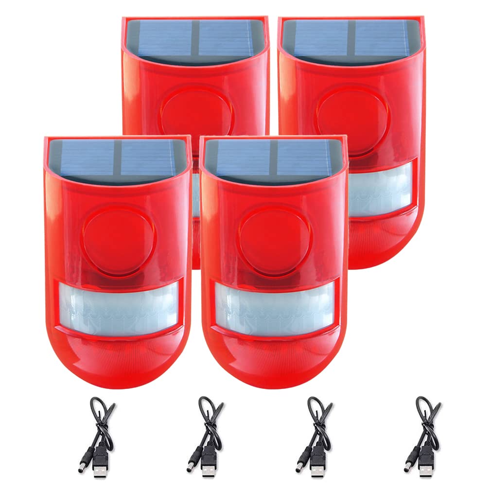 Chunhee Solar Sound & Light Alarm Outdoor Motion Sensor 129Db Siren Sound Alert & 6Leds Flash Warning Security Alarm System For Farm,Villa,Home,Yard,Barn 4 Pack