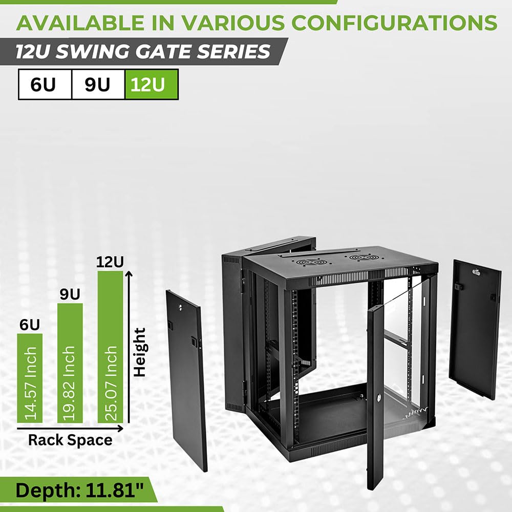Navepoint 12U Server Cabinet With Hinged Back   17.7    Deep, 12U Server Rack Enclosure With Locking Glass Door, Wall Mount Rack