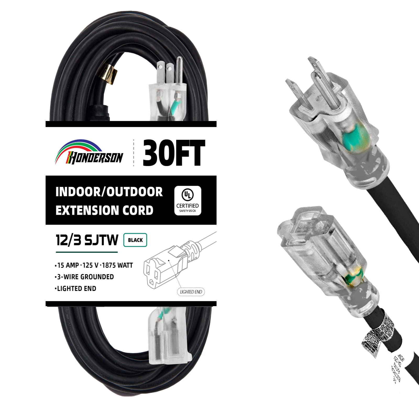 Honderson Indoor Outdoor Extension Cord Weatherproof With Lighted End, Ul Listed, 12 Gauge 30Ft Black 3 Prong Heavy Duty Extensi