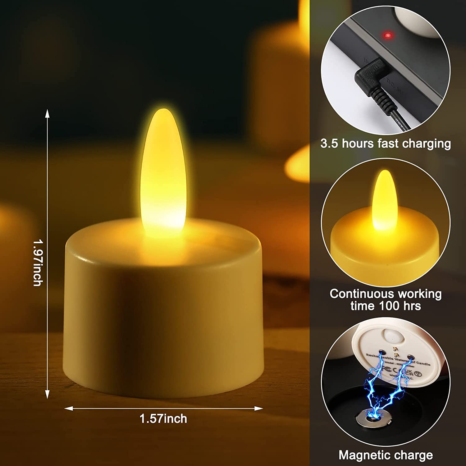 Idyl Light Rechargeable Tea Lights Candles With Remote Timer, 100 Hours Flameless Flickering Candles With Charging Base Waterpro